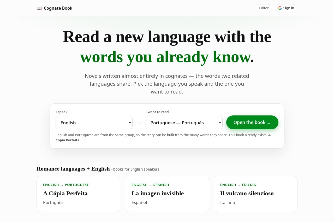Cognate Book homepage with language selection and Portuguese, Spanish and Italian books