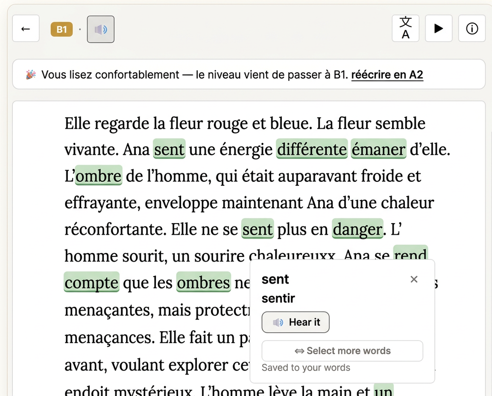 The Endless Book reader in French with highlighted words