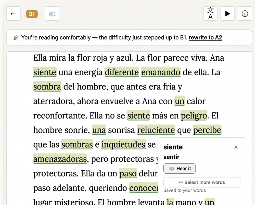 The Endless Book reader in Spanish with highlighted words
