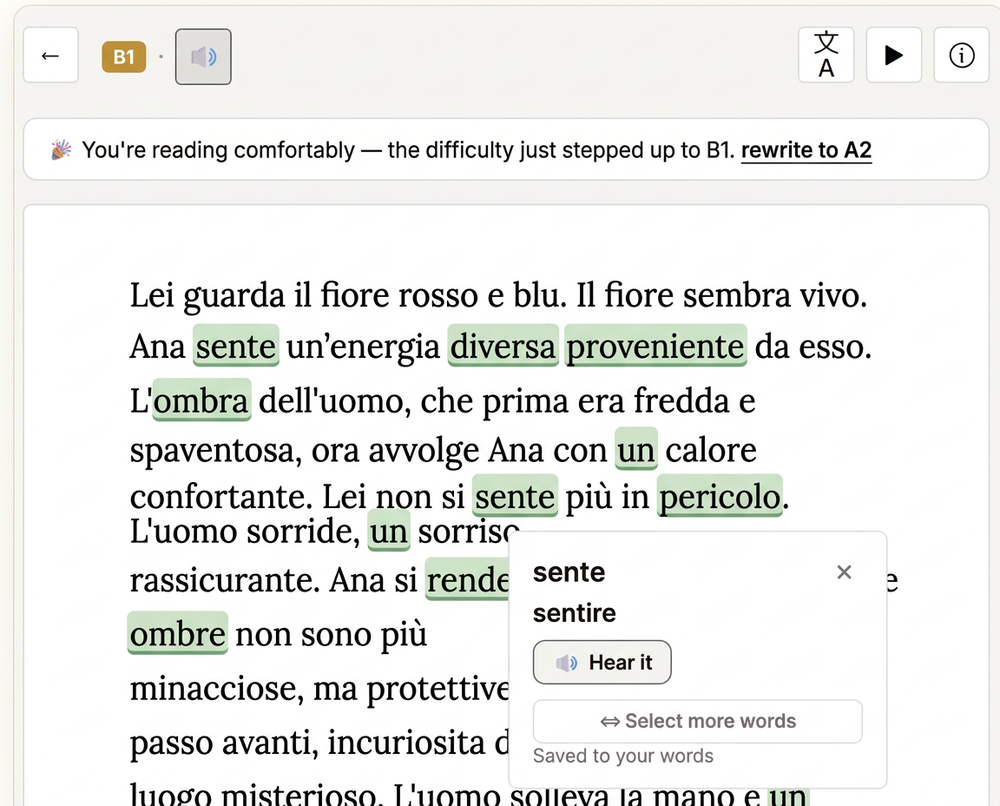 The Endless Book reader in Italian with highlighted words
