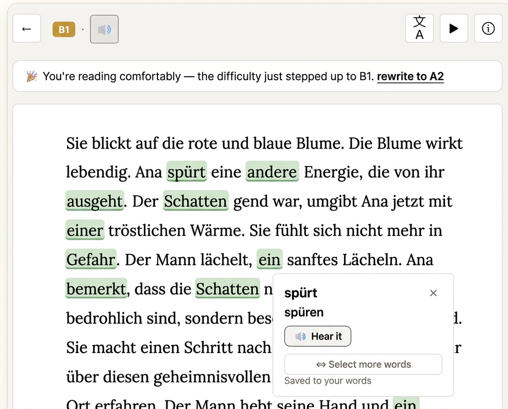 The Endless Book reader in German with highlighted words