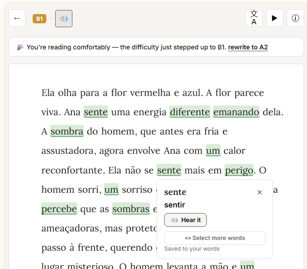 The Endless Book reader in Portuguese with highlighted words