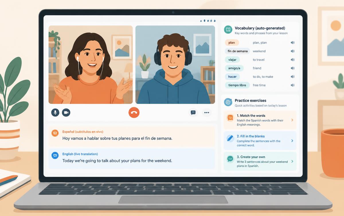 Virtual language lesson with live subtitles and exercises