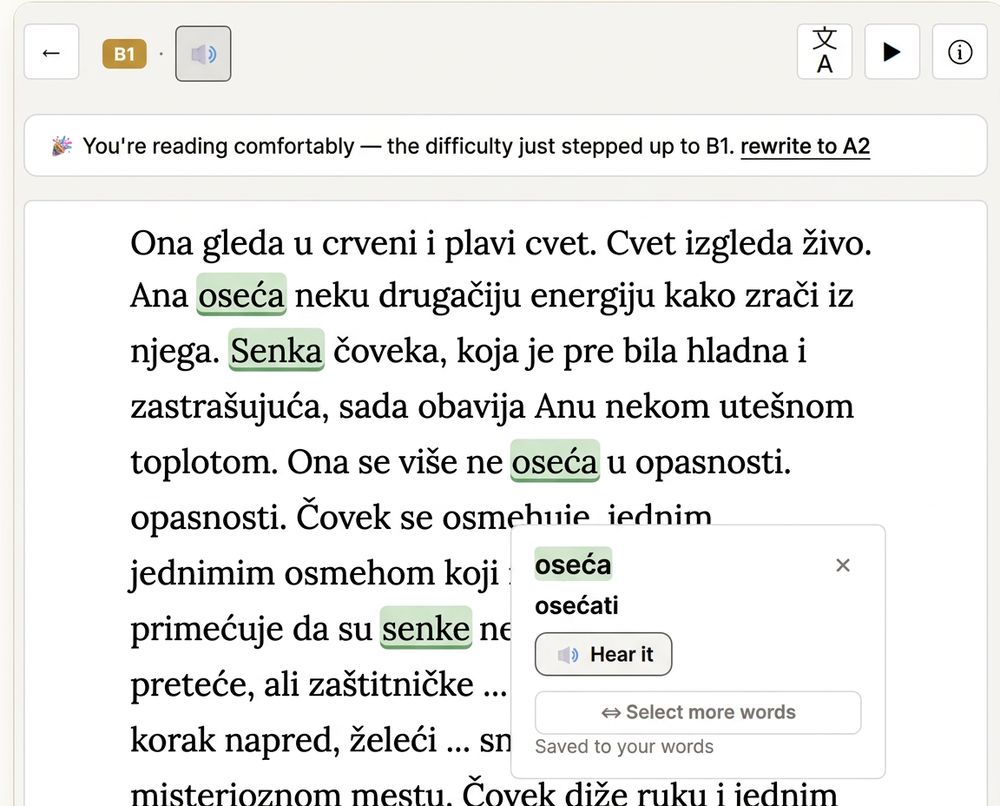 The Endless Book reader in Serbian with highlighted words